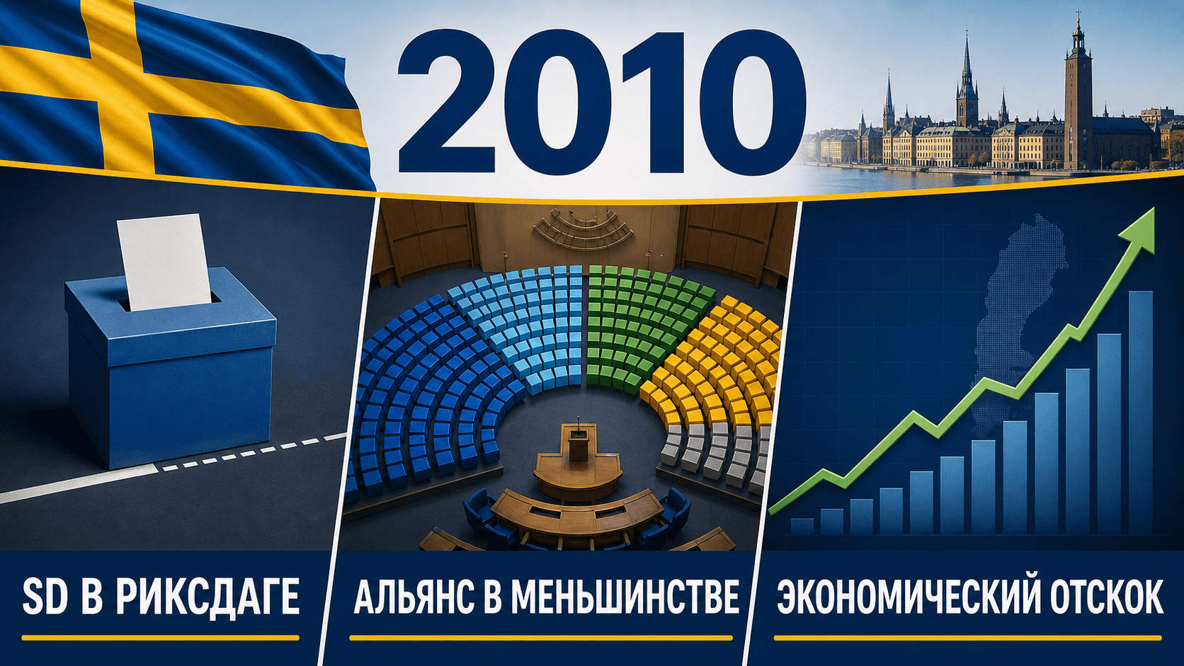 Инфографика о Швеции 2010 года с символами выборов, местами в Риксдаге и растущим экономическим графиком.
