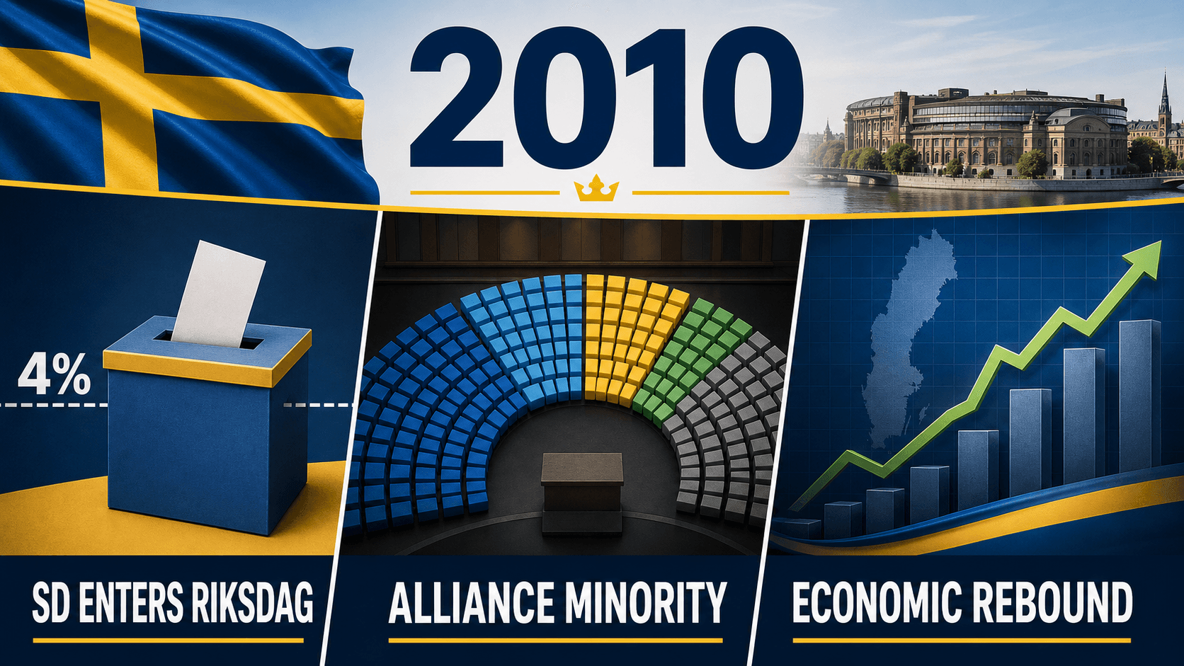 Infographic for Sweden in 2010 with ballot symbols, Riksdag seats, and a rising economic chart.
