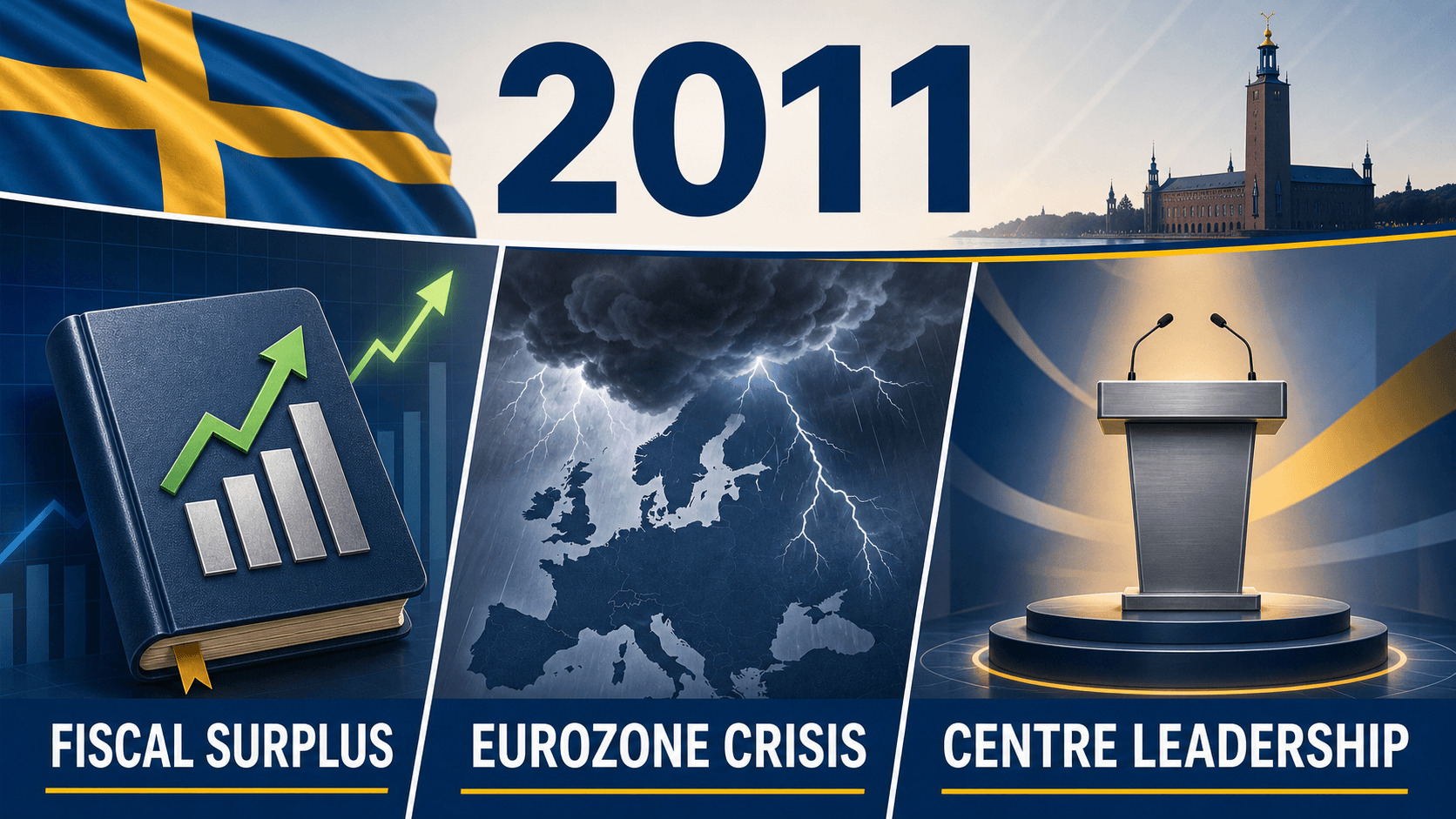 Infographic for Sweden in 2011 with a surplus ledger, eurozone storm, and leadership podium.