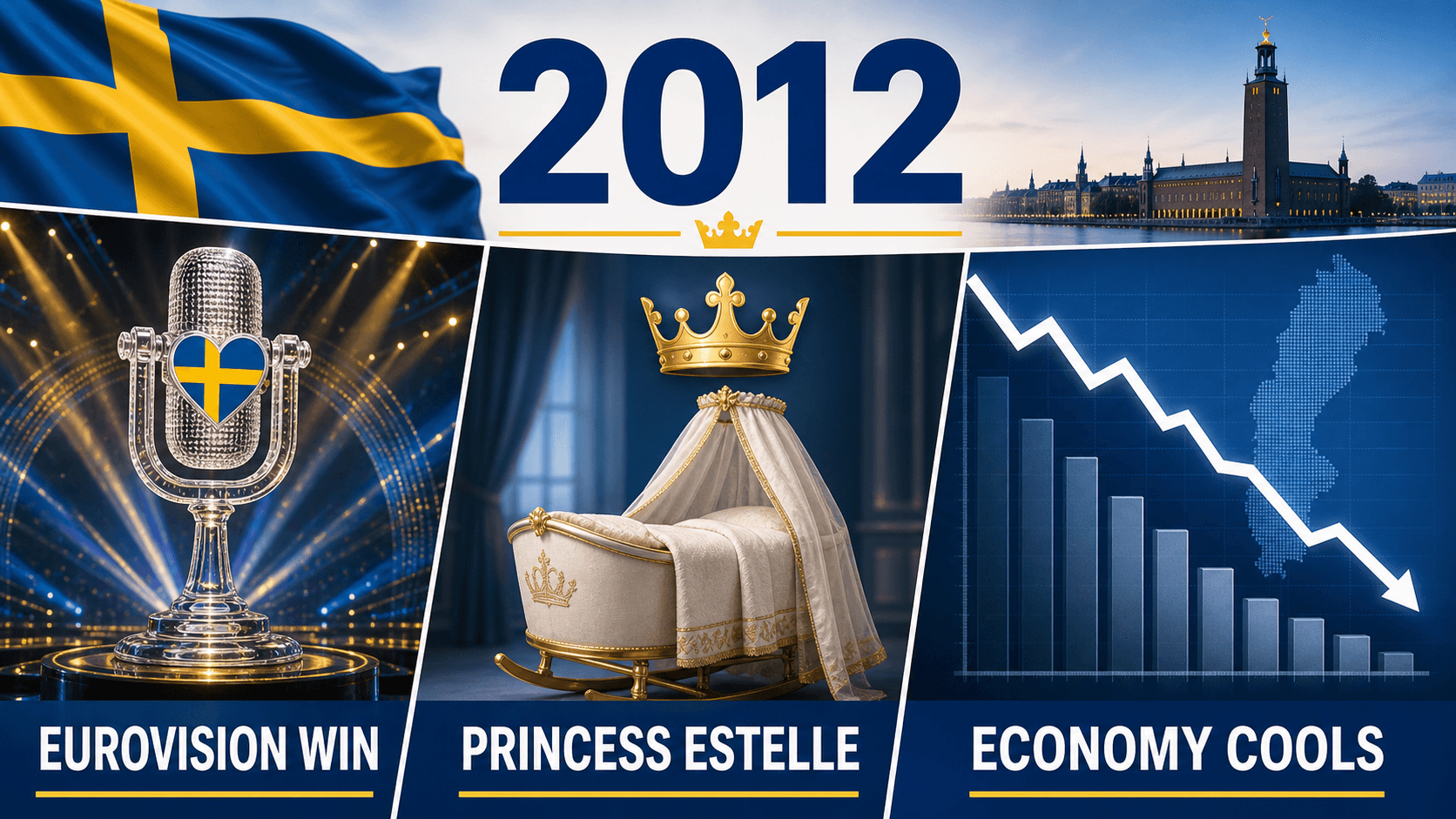 Infographic for Sweden in 2012 with a microphone, royal cradle symbol, and cooling economic chart.