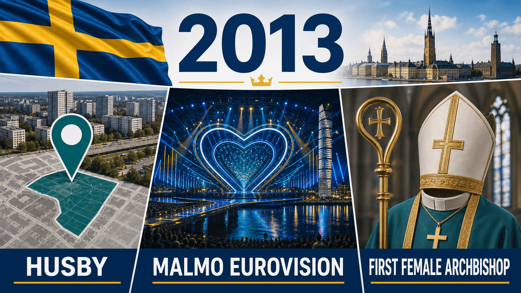 Infographic for Sweden in 2013 with Husby map symbols, Eurovision stage, and church leadership icon.