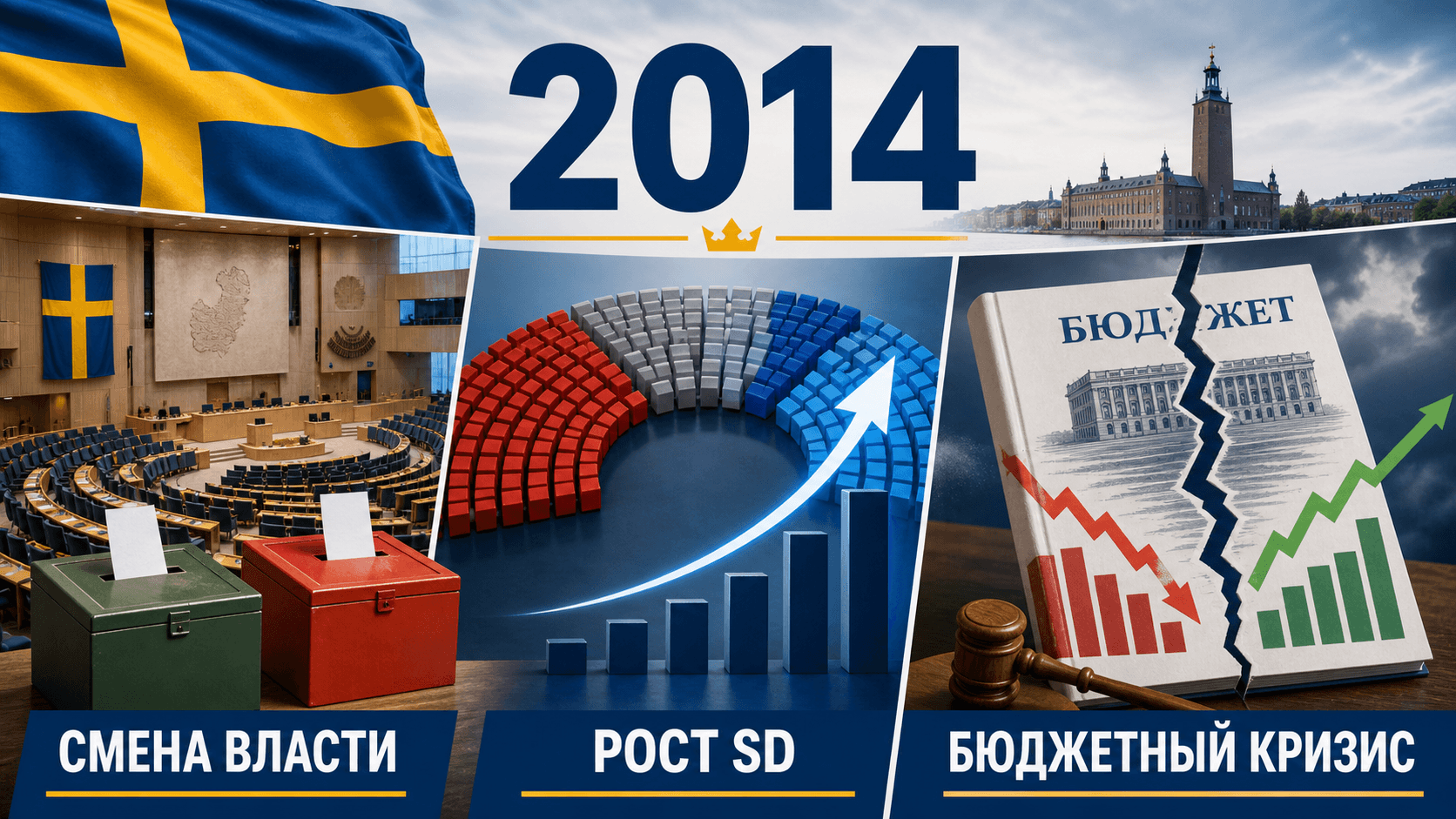 Инфографика о Швеции 2014 года с бюллетенями, схемой Риксдага и расколотым бюджетным документом.