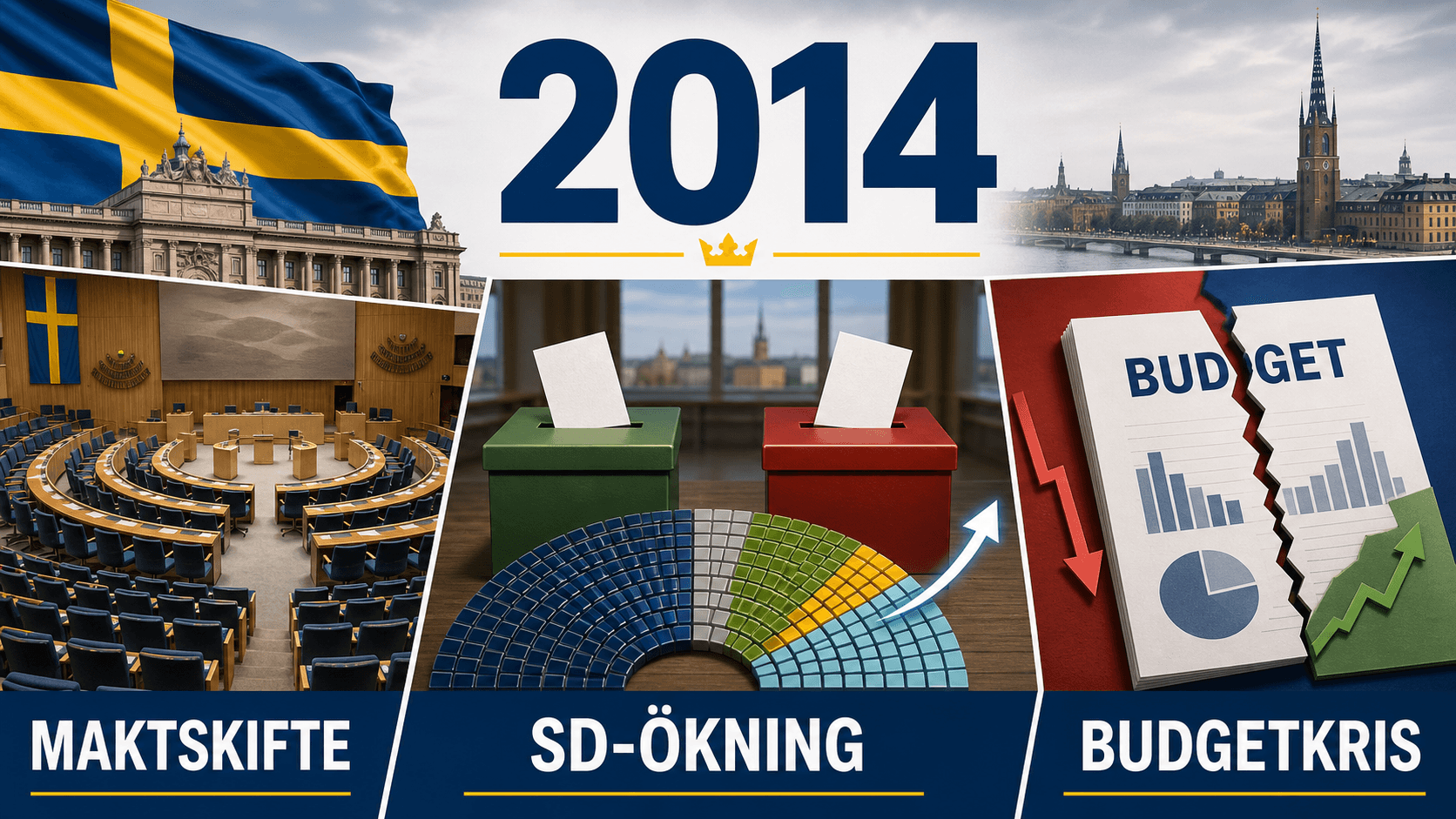Infografik för Sverige 2014 med valsedlar, riksdagsdiagram och delad budgethandling.
