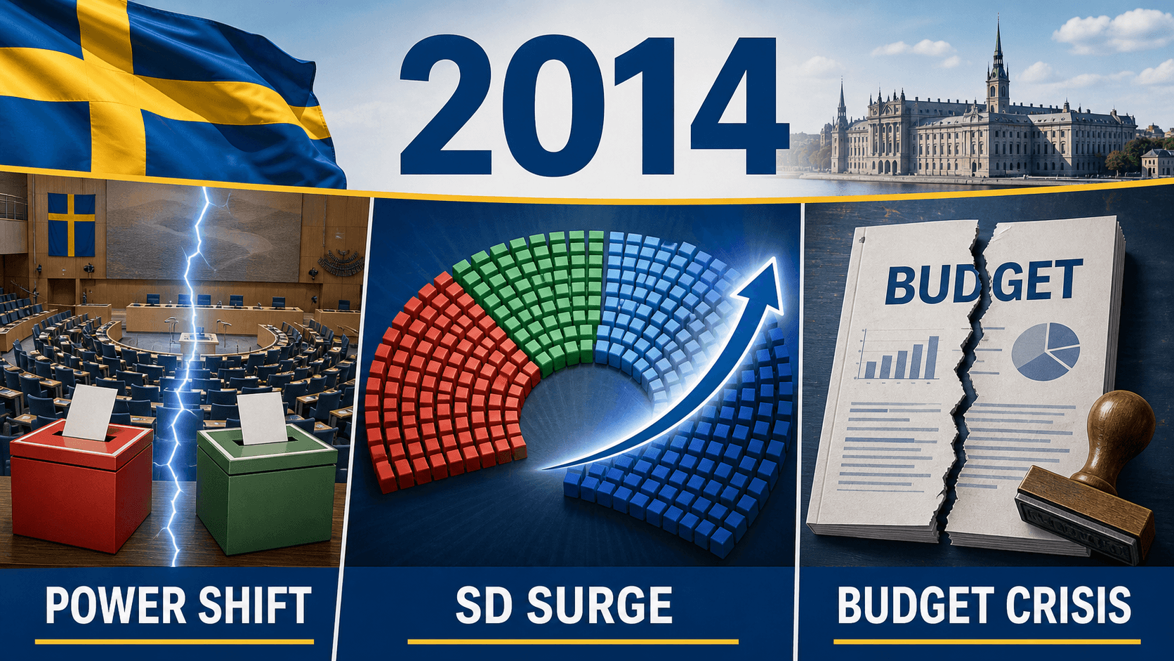 Infographic for Sweden in 2014 with ballots, Riksdag seat chart, and a split budget document.