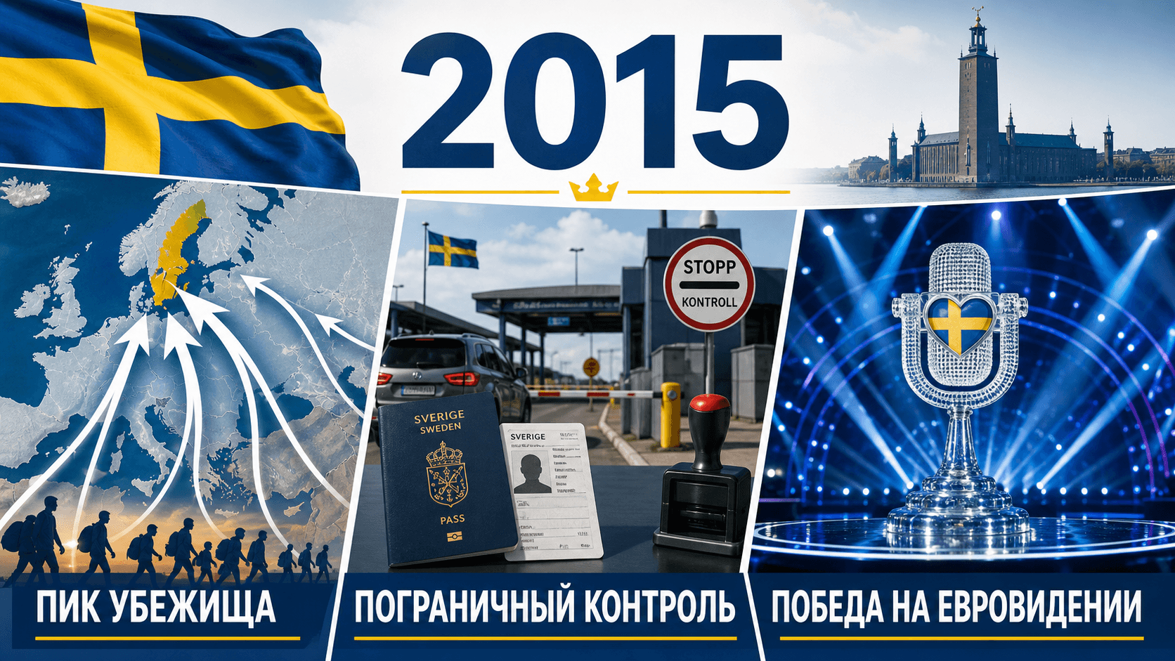 Инфографика о Швеции 2015 года с картой миграционных потоков, пограничным контролем и сценой Евровидения.