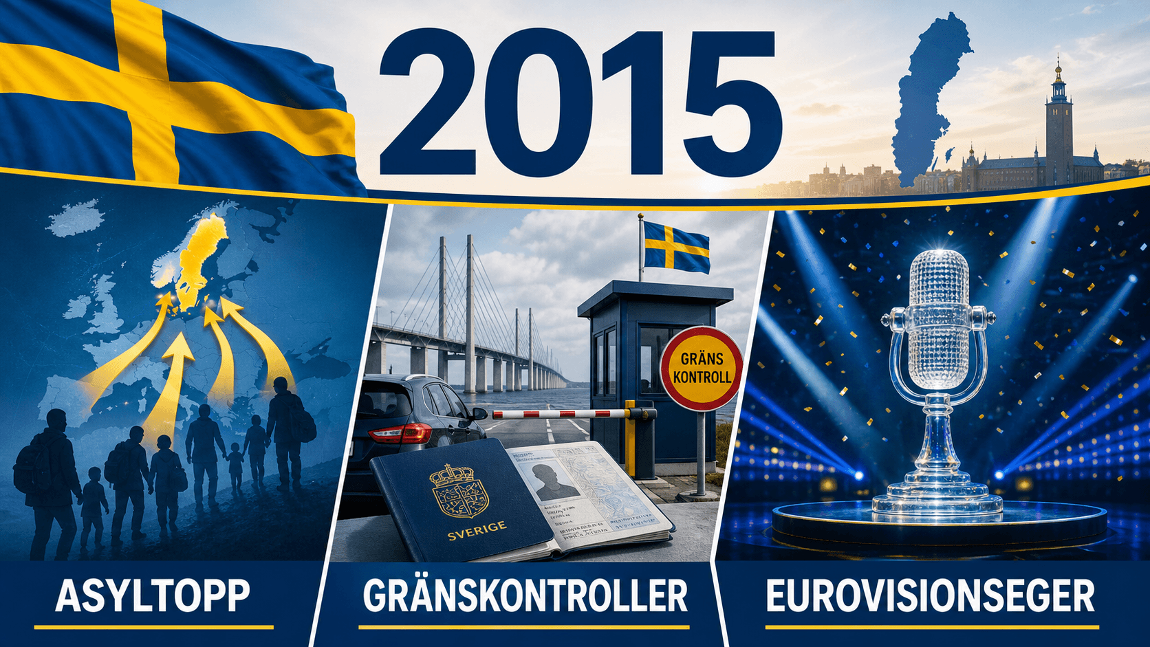 Infografik för Sverige 2015 med migrationsflödeskarta, gränskontroller och Eurovision-scen.