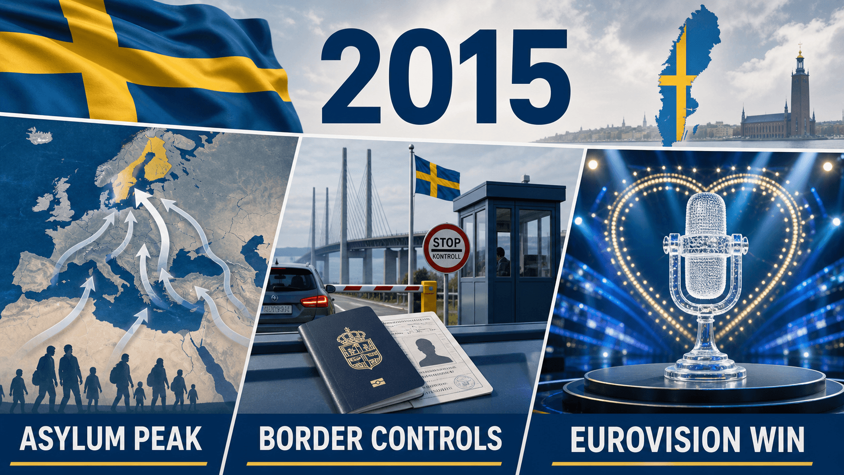 Infographic for Sweden in 2015 with migration flow map, border checks, and Eurovision stage symbol.
