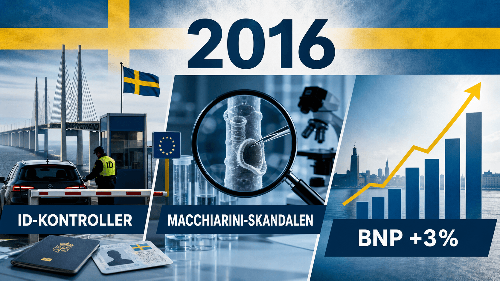 Infografik för Sverige 2016 med ID-kontroller, medicinska granskningssymboler och stigande BNP-diagram.