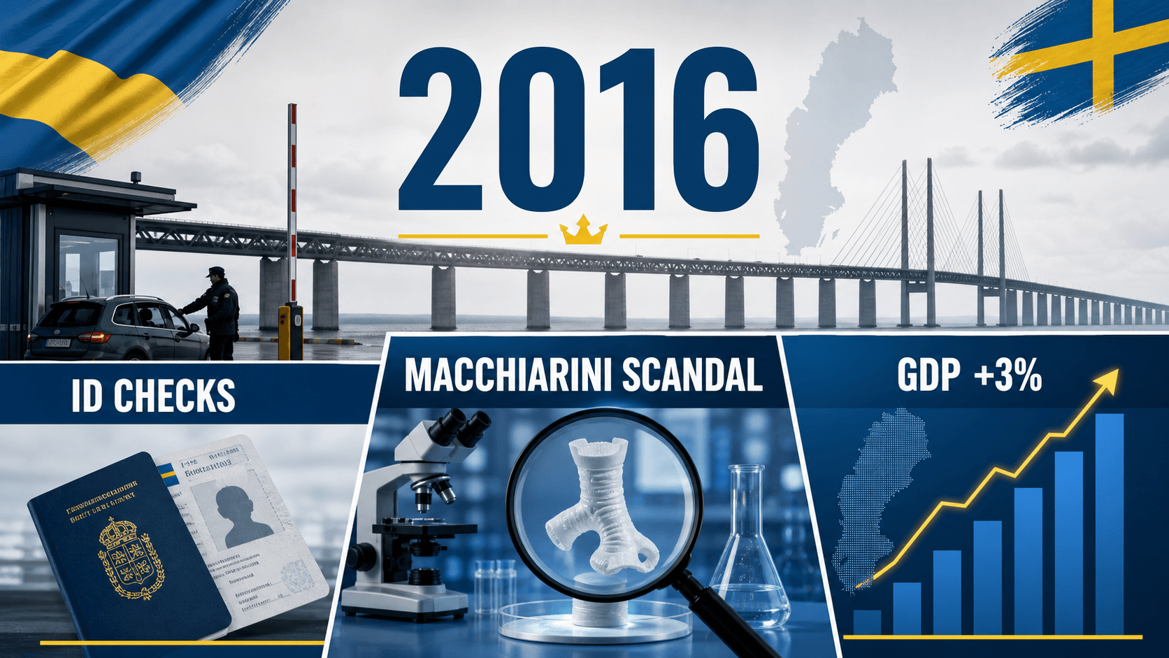Infographic for Sweden in 2016 with border ID checks, medical scrutiny symbols, and an upward GDP chart.