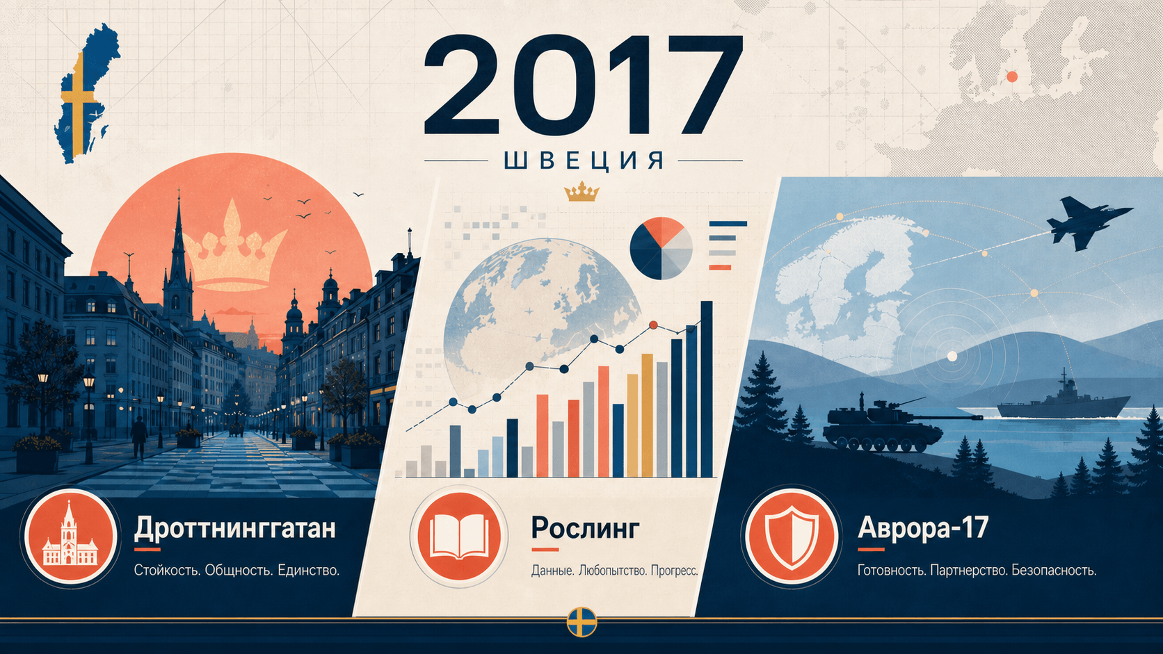 Инфографика о Швеции 2017 года с Дроттнинггатан, диаграммами данных и символами военных учений.
