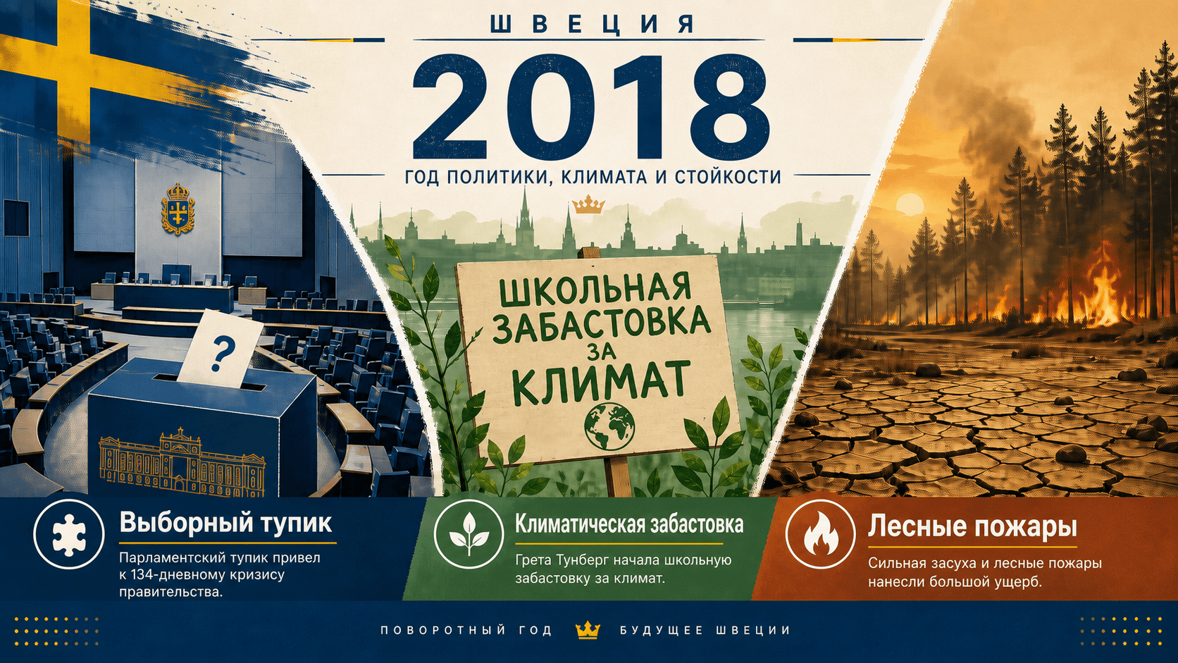 Инфографика о Швеции 2018 года с символами выборного тупика, климатической забастовки и лесных пожаров.