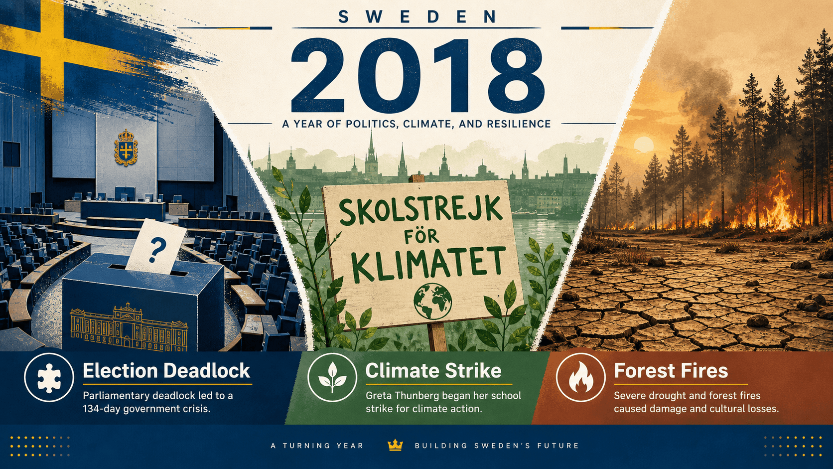 Infographic for Sweden in 2018 with ballot deadlock, climate strike sign, and forest fire symbols.