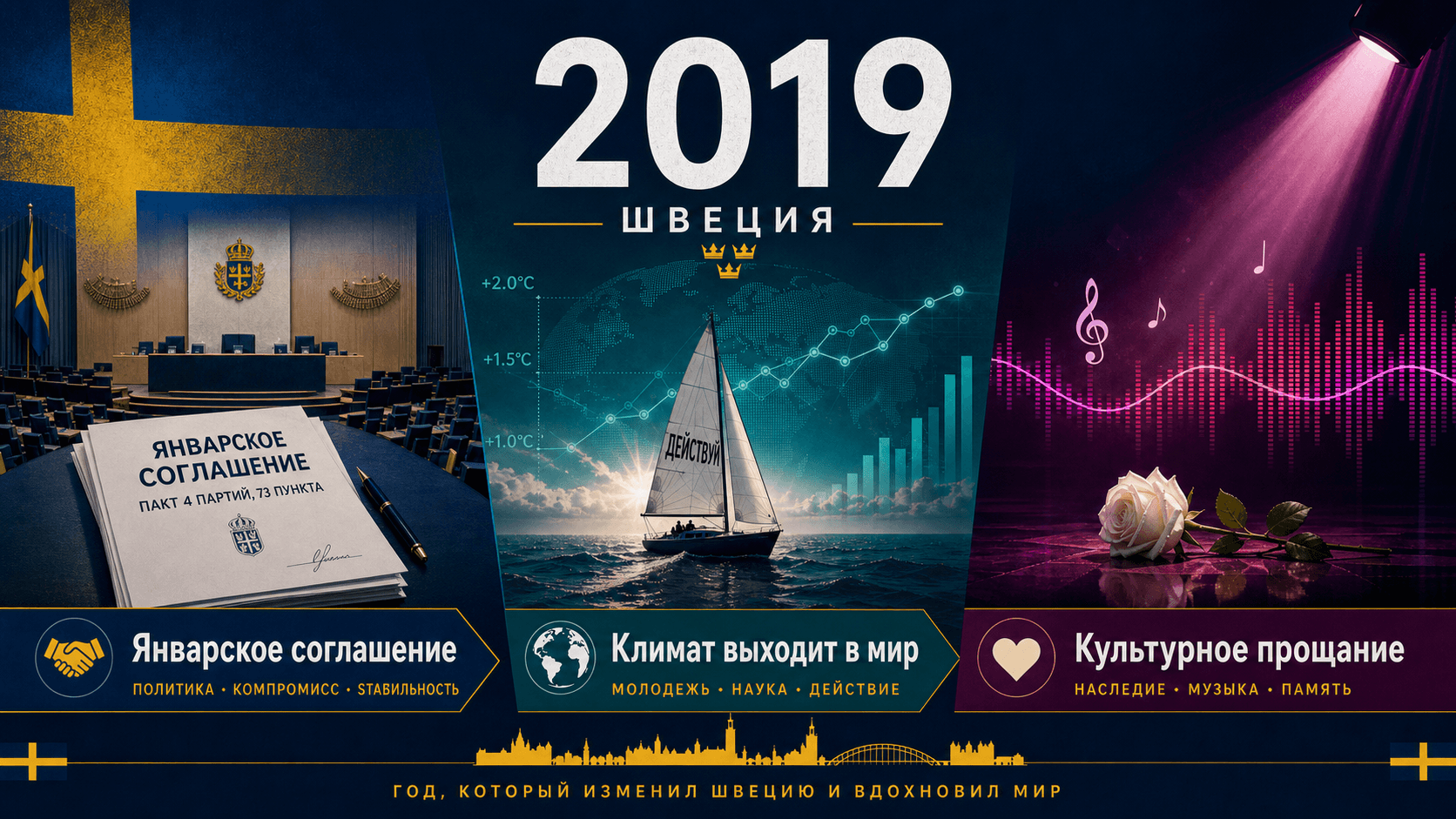 Инфографика о Швеции 2019 года с документом соглашения, климатическим путешествием и музыкальной волной.
