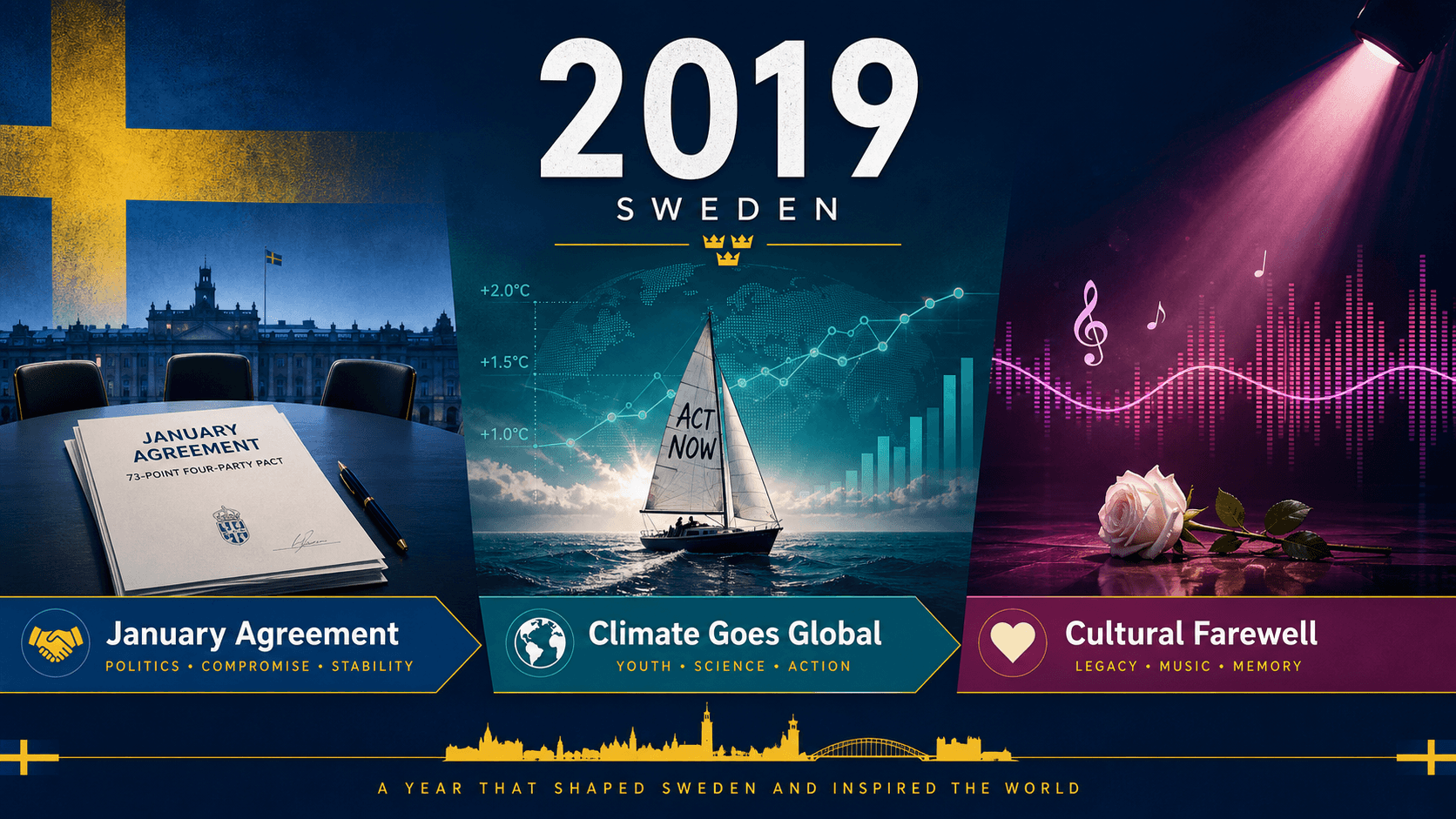 Infographic for Sweden in 2019 with agreement document, climate voyage, and music-wave symbols.