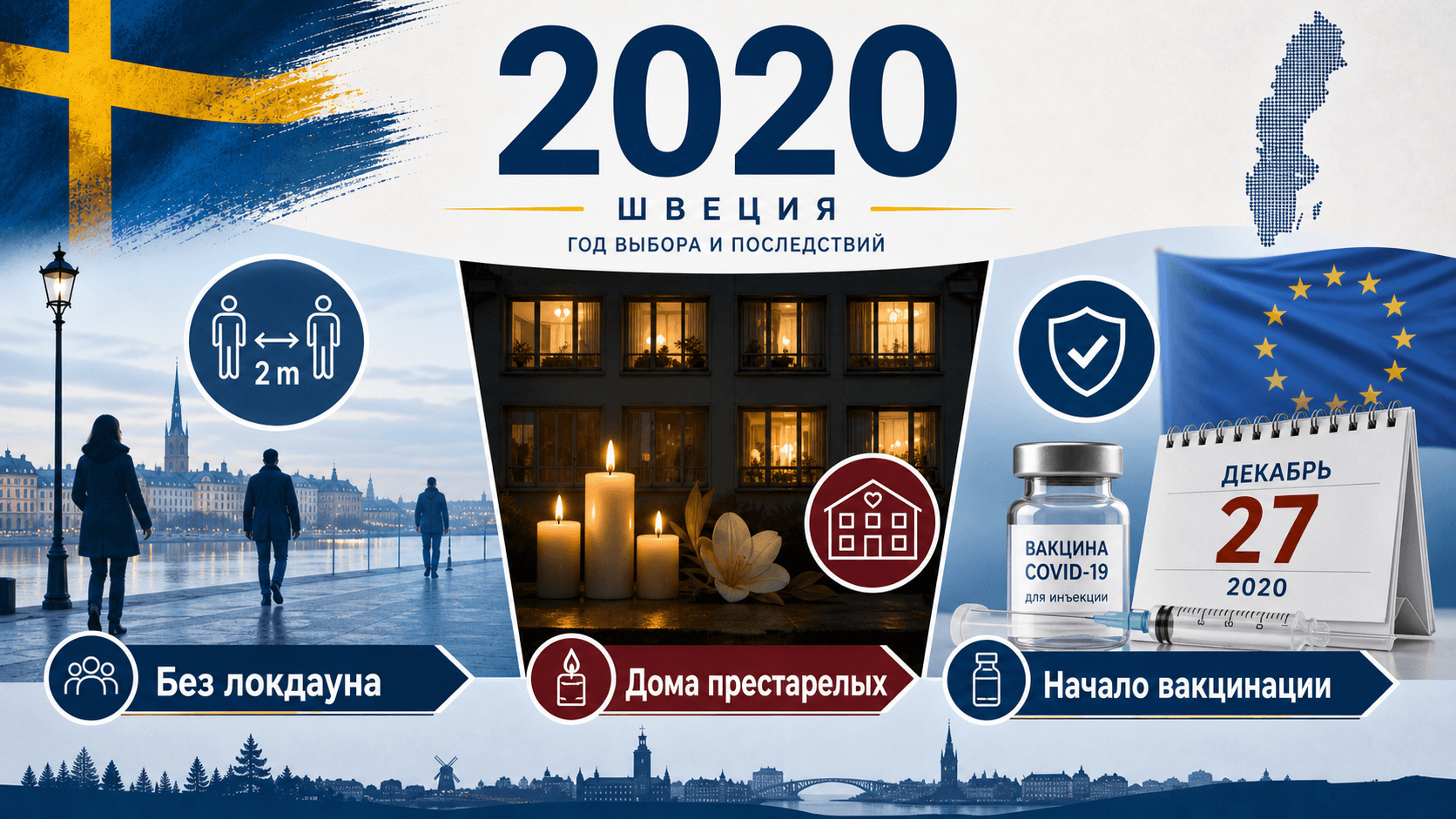 Инфографика о Швеции 2020 года с дистанцированием, свечами у дома престарелых и календарём вакцинации.