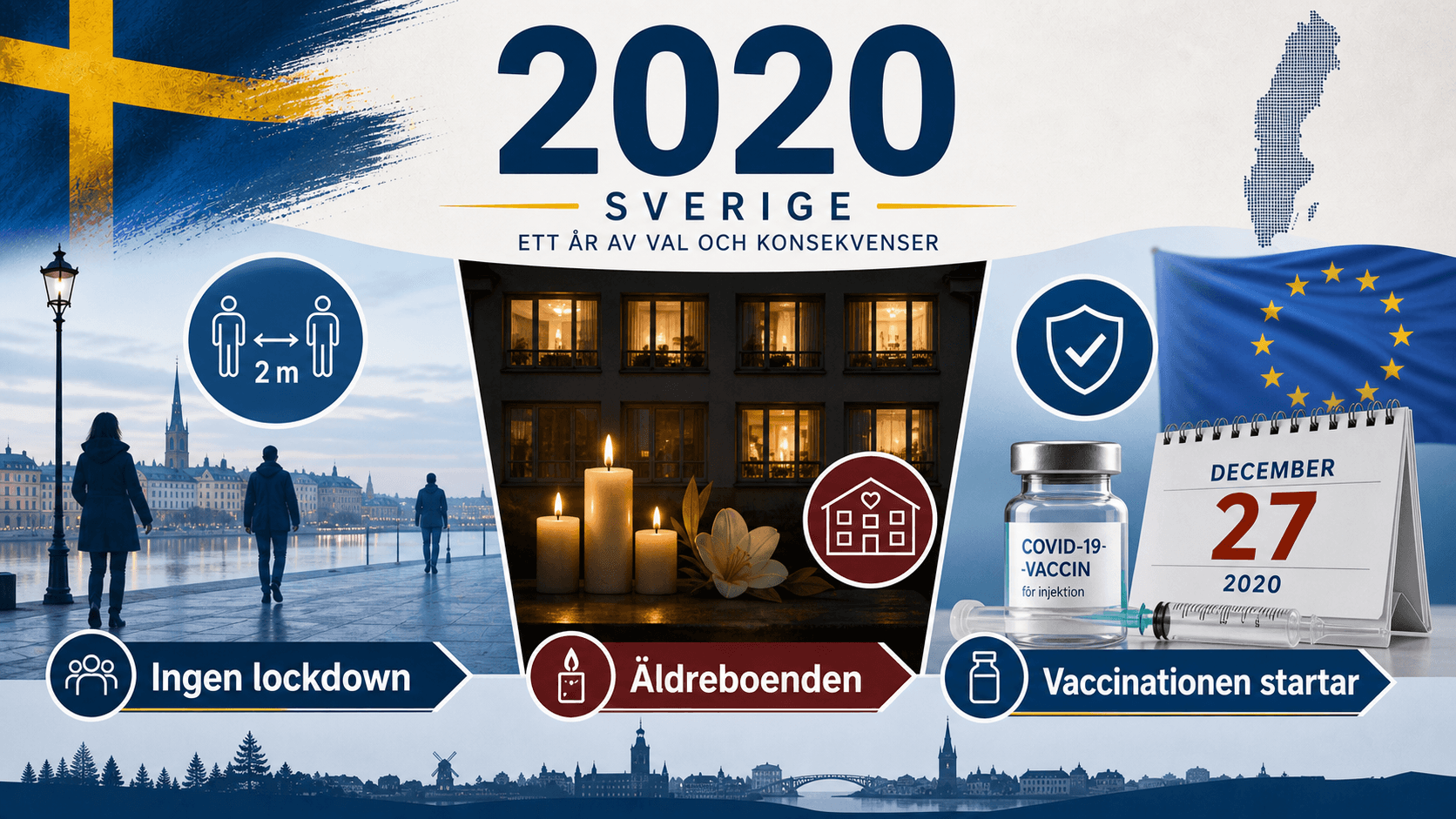 Infografik för Sverige 2020 med distansering, ljus vid äldreboende och vaccinationskalender.
