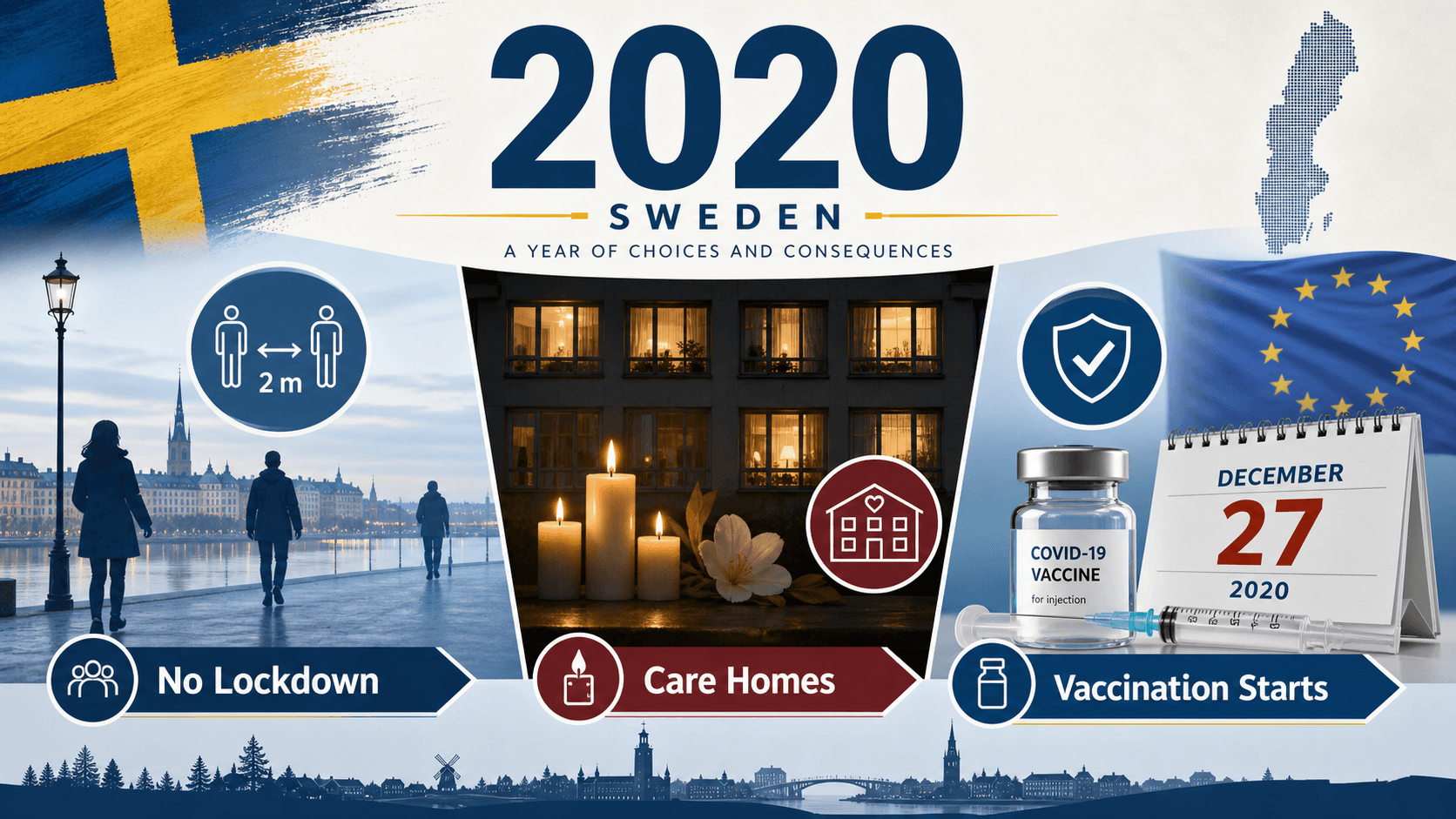 Infographic for Sweden in 2020 with distancing, care-home candles, and vaccination calendar symbols.