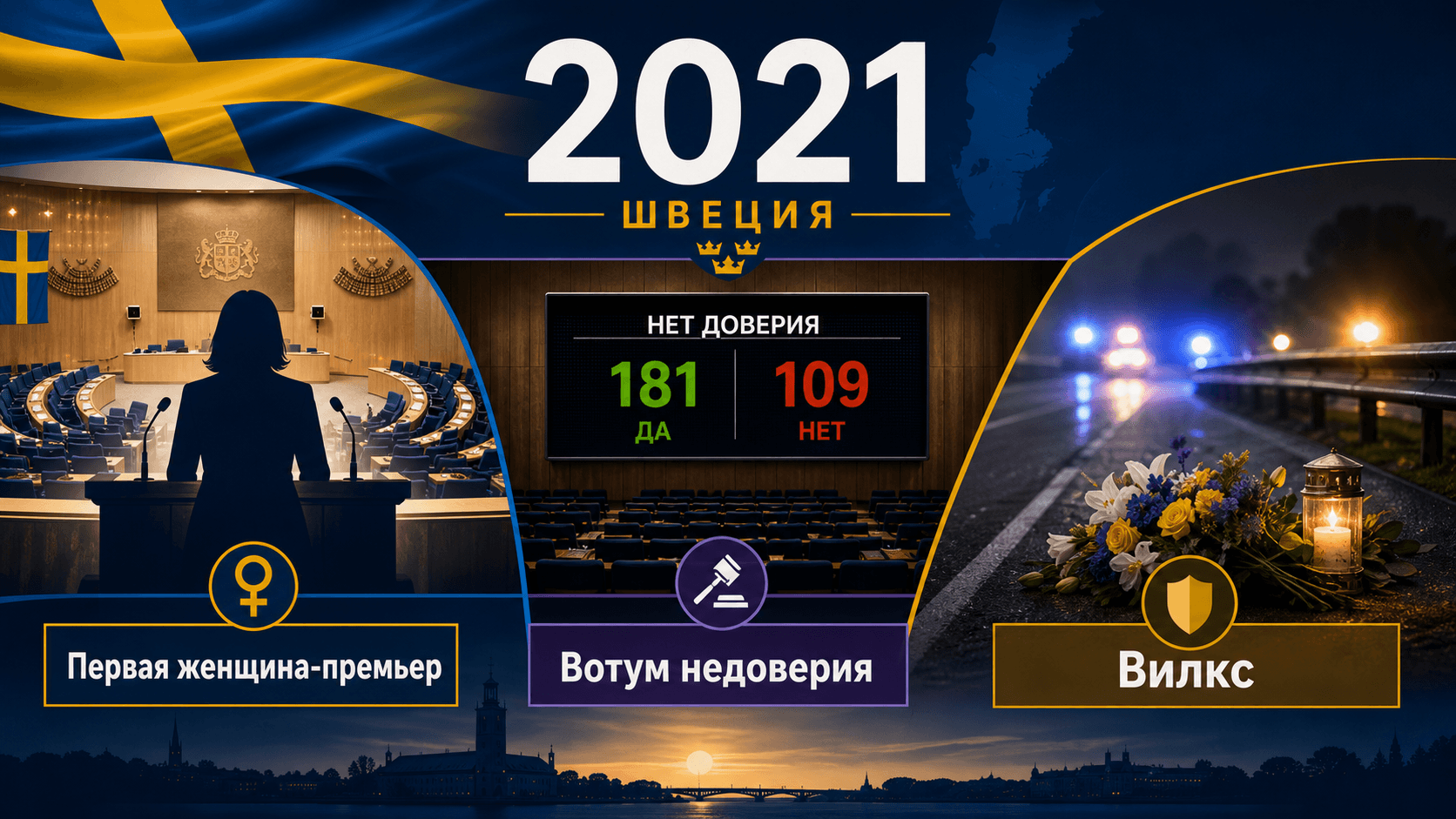 Инфографика о Швеции 2021 года с залом риксдага, табло вотума доверия и символом дорожного мемориала.