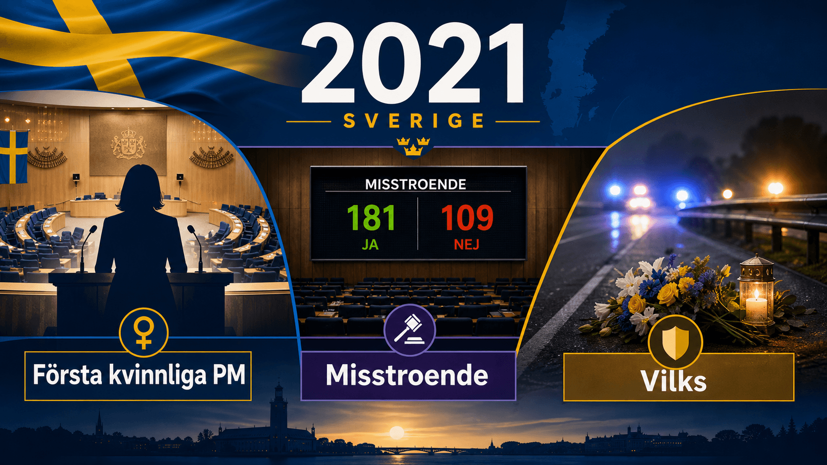 Infografik för Sverige 2021 med riksdagssal, misstroendetavla och vägmärke för minnesplats.