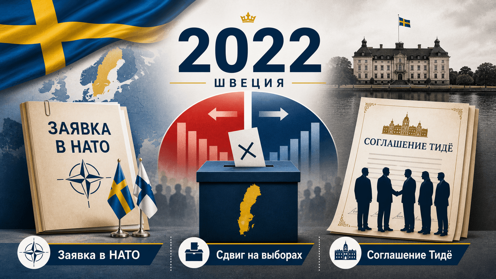 Инфографика о Швеции 2022 года с заявкой в НАТО, избирательным сдвигом и символами Тидёского соглашения.