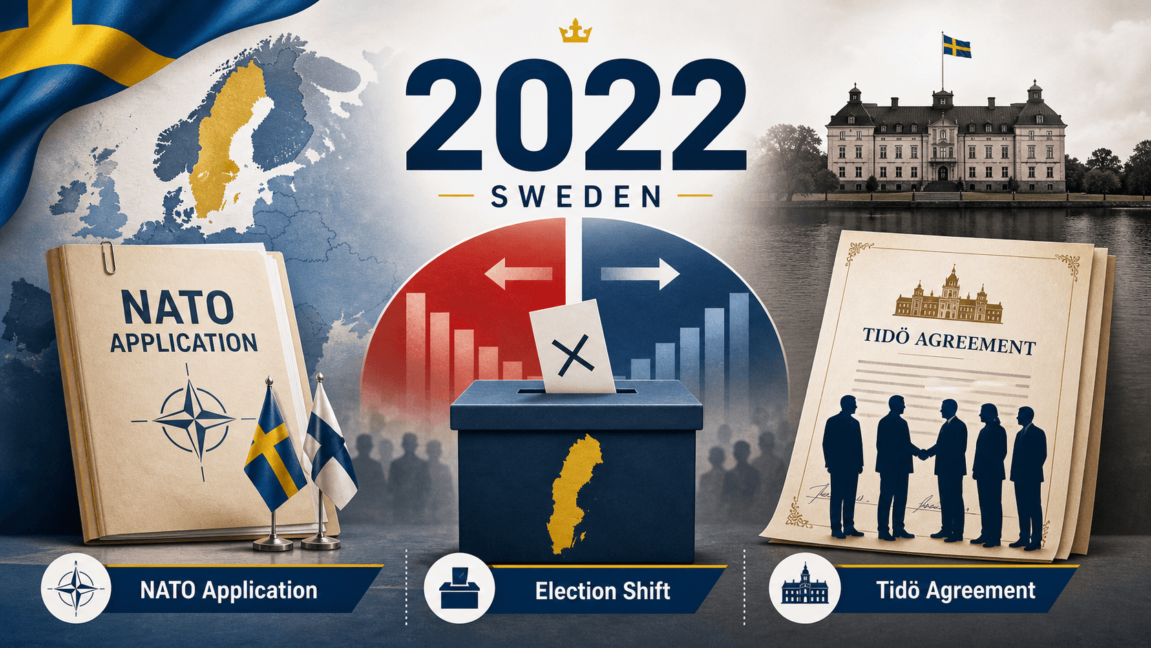 Infographic for Sweden in 2022 with NATO application folder, ballot shift, and Tidö Agreement symbols.