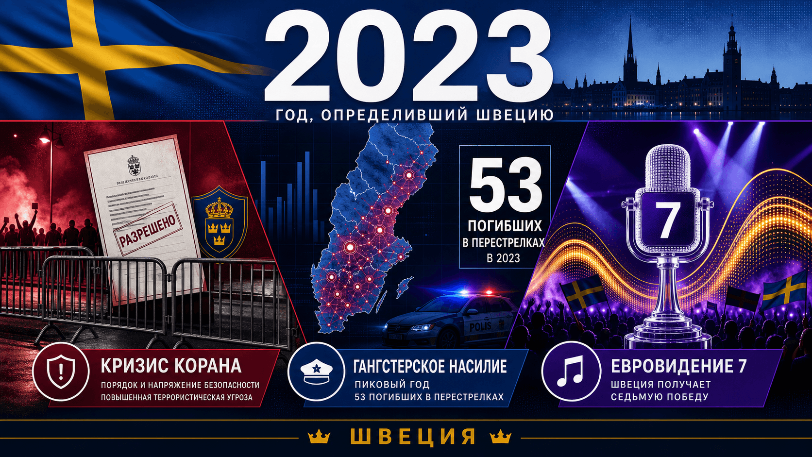 Инфографика о Швеции 2023 года с документом общественного порядка, картой статистики перестрелок и сценой Евровидения.