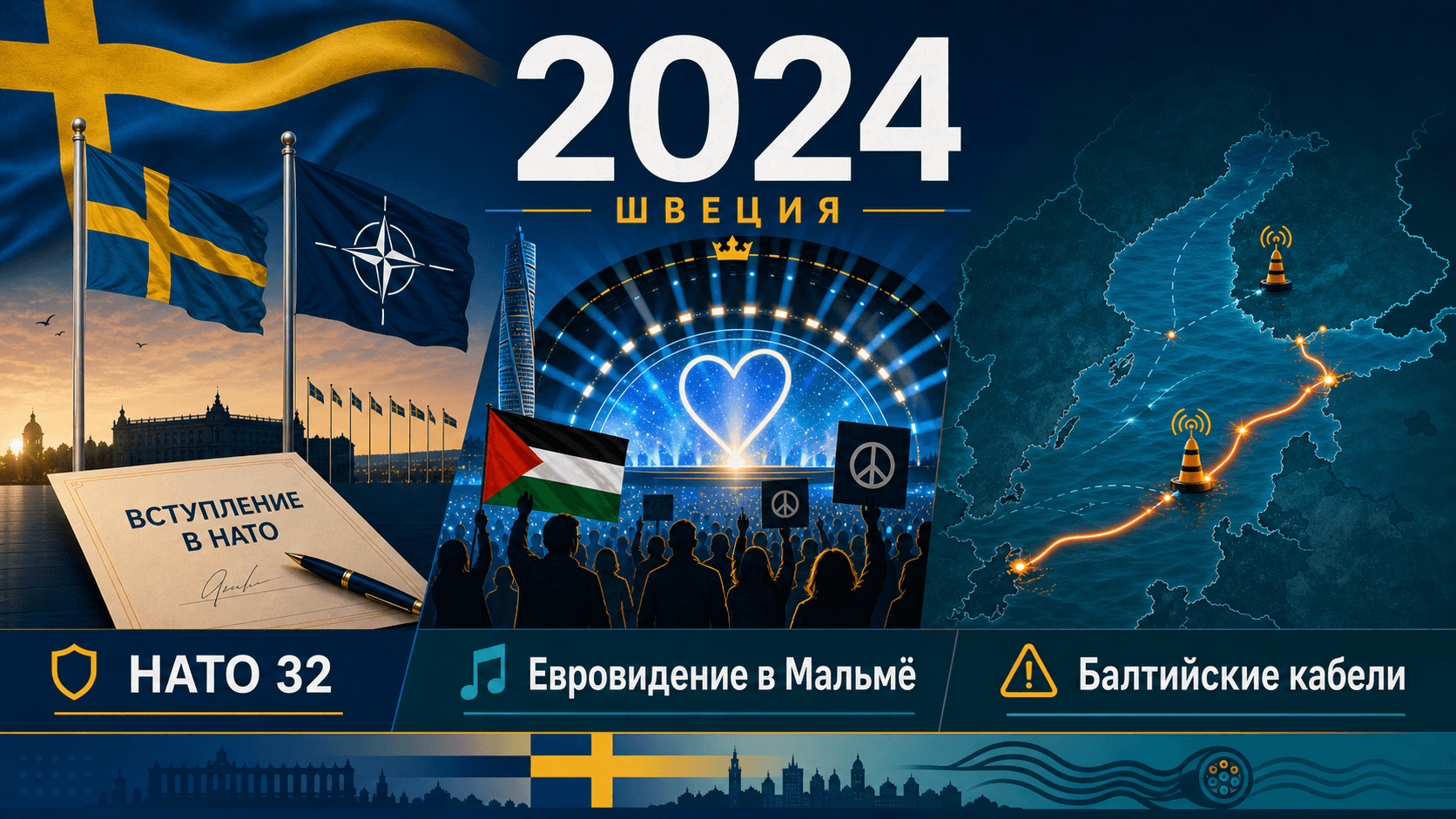 Инфографика о Швеции 2024 года с флагами НАТО, сценой Евровидения в Мальмё и картой балтийских кабелей.