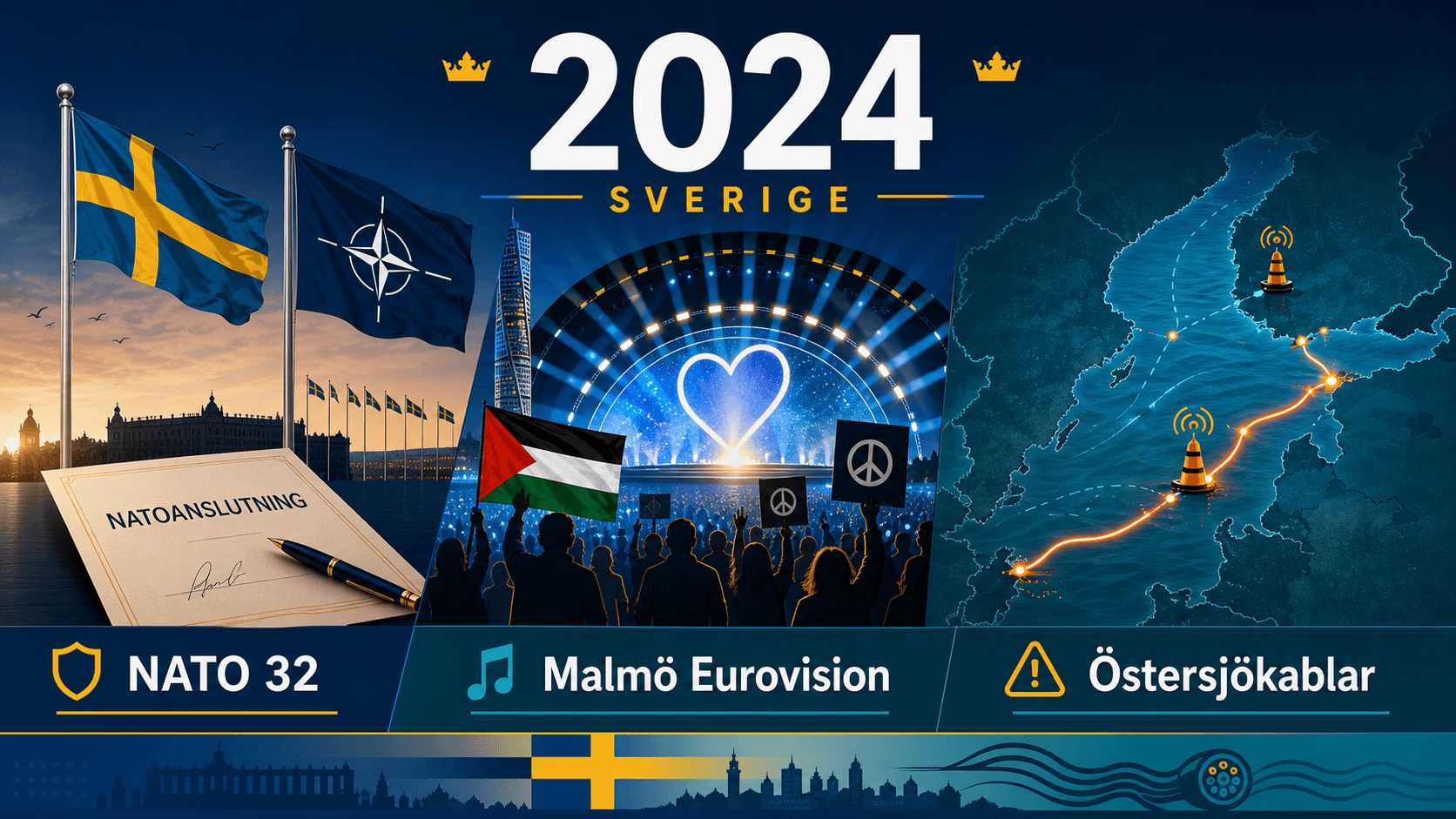 Infografik för Sverige 2024 med Natoflaggor, Eurovisionscen i Malmö och karta över Östersjökablar.