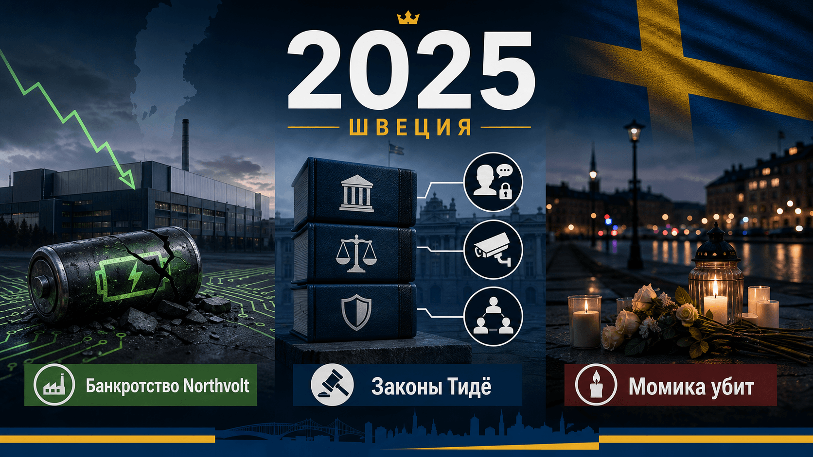 Инфографика о Швеции 2025 года с батарейным заводом, символами правовых реформ и уличным мемориалом.