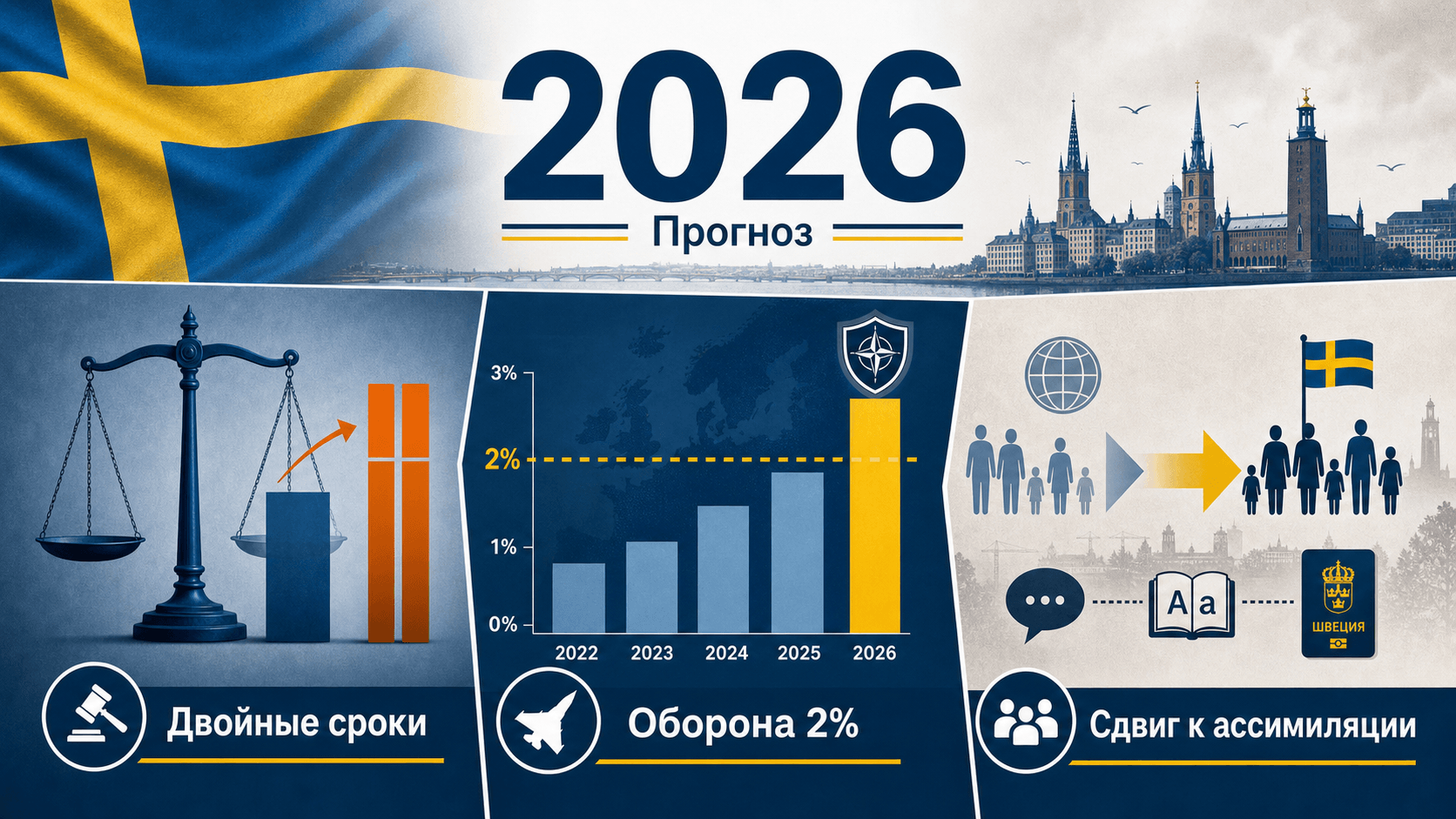 Прогнозная инфографика о Швеции 2026 года с весами наказаний, графиком оборонного бюджета и символами политики ассимиляции.