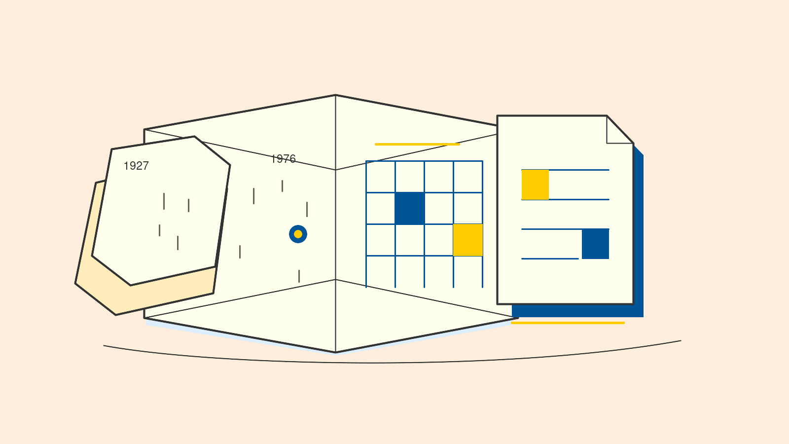 A folded paper map of years opening into a structured ledger