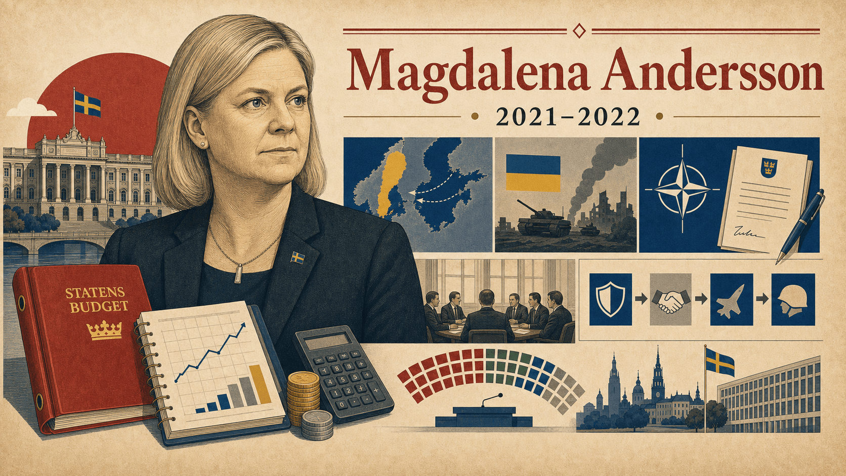 Editorial illustration for prime minister Magdalena Andersson.