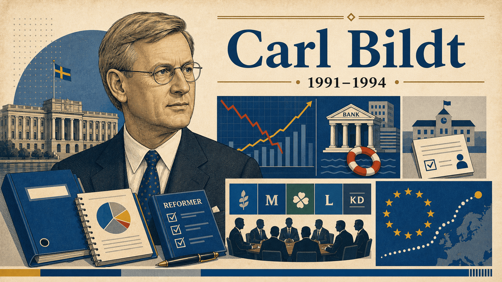 Editorial illustration for prime minister Carl Bildt.