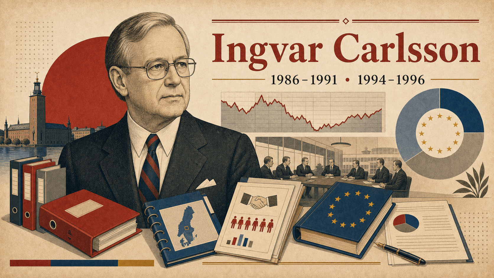 Editorial illustration for prime minister Ingvar Carlsson.