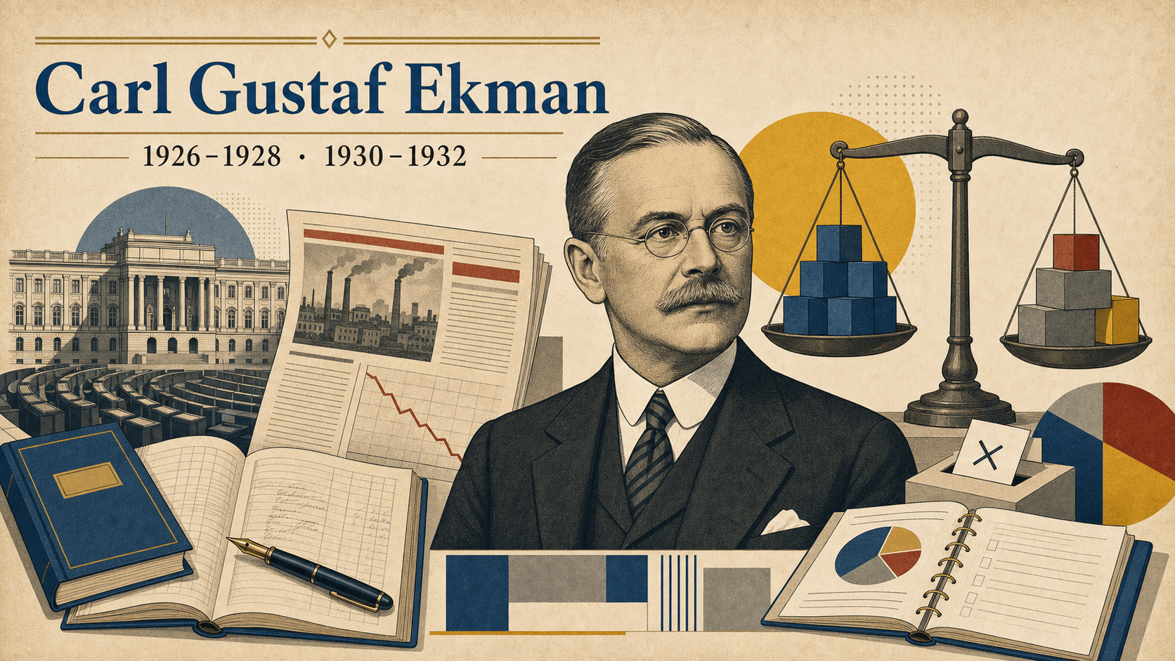Editorial illustration for prime minister Carl Gustaf Ekman.