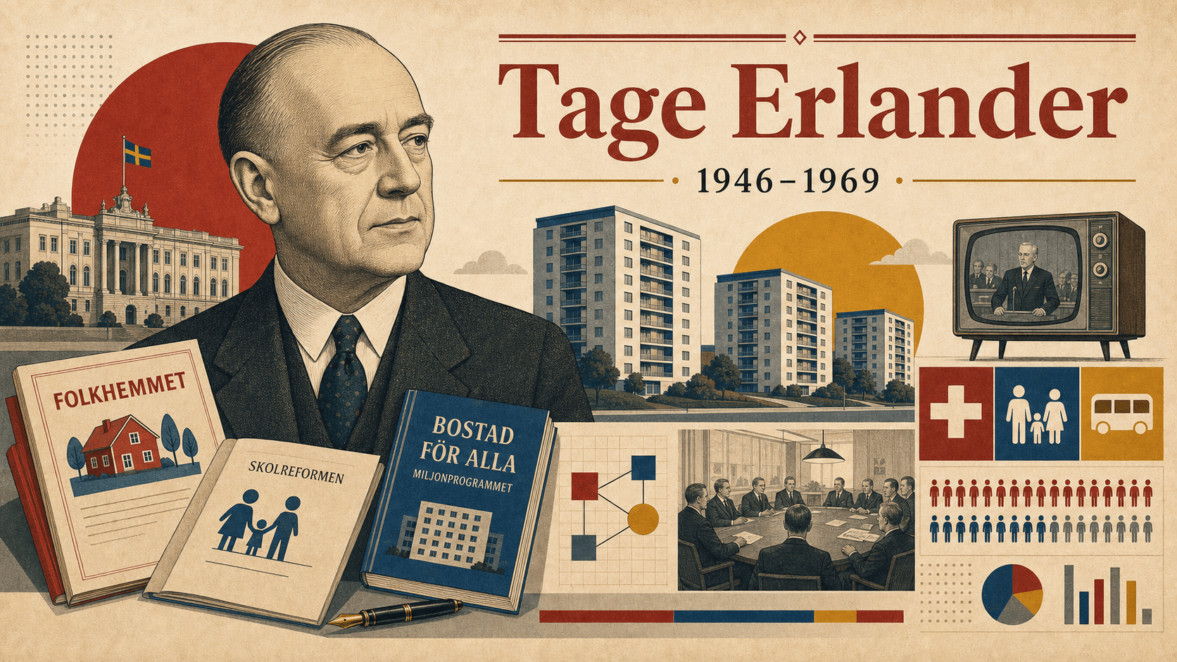 Editorial illustration for prime minister Tage Erlander.