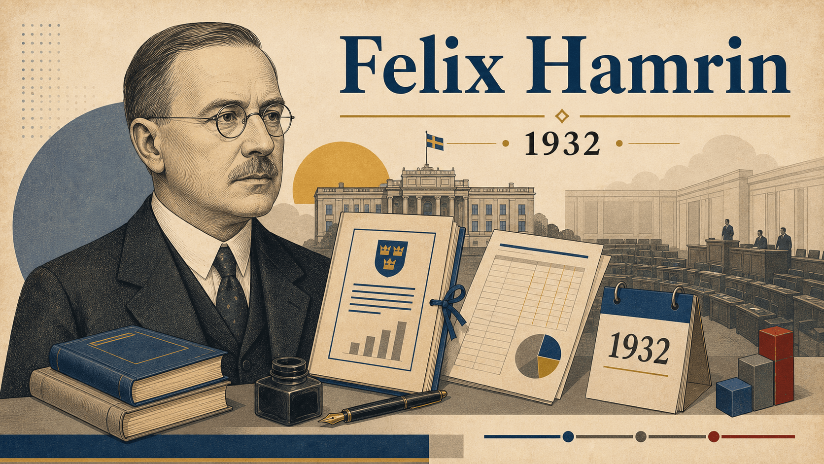 Editorial illustration for prime minister Felix Hamrin.