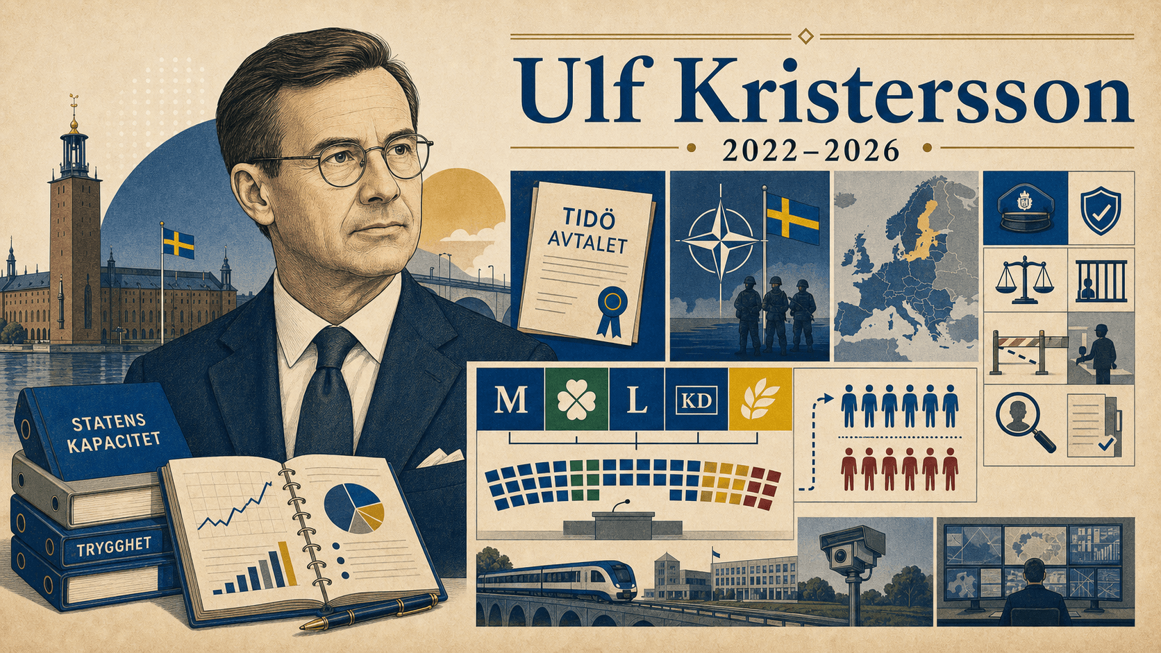Editorial illustration for prime minister Ulf Kristersson.