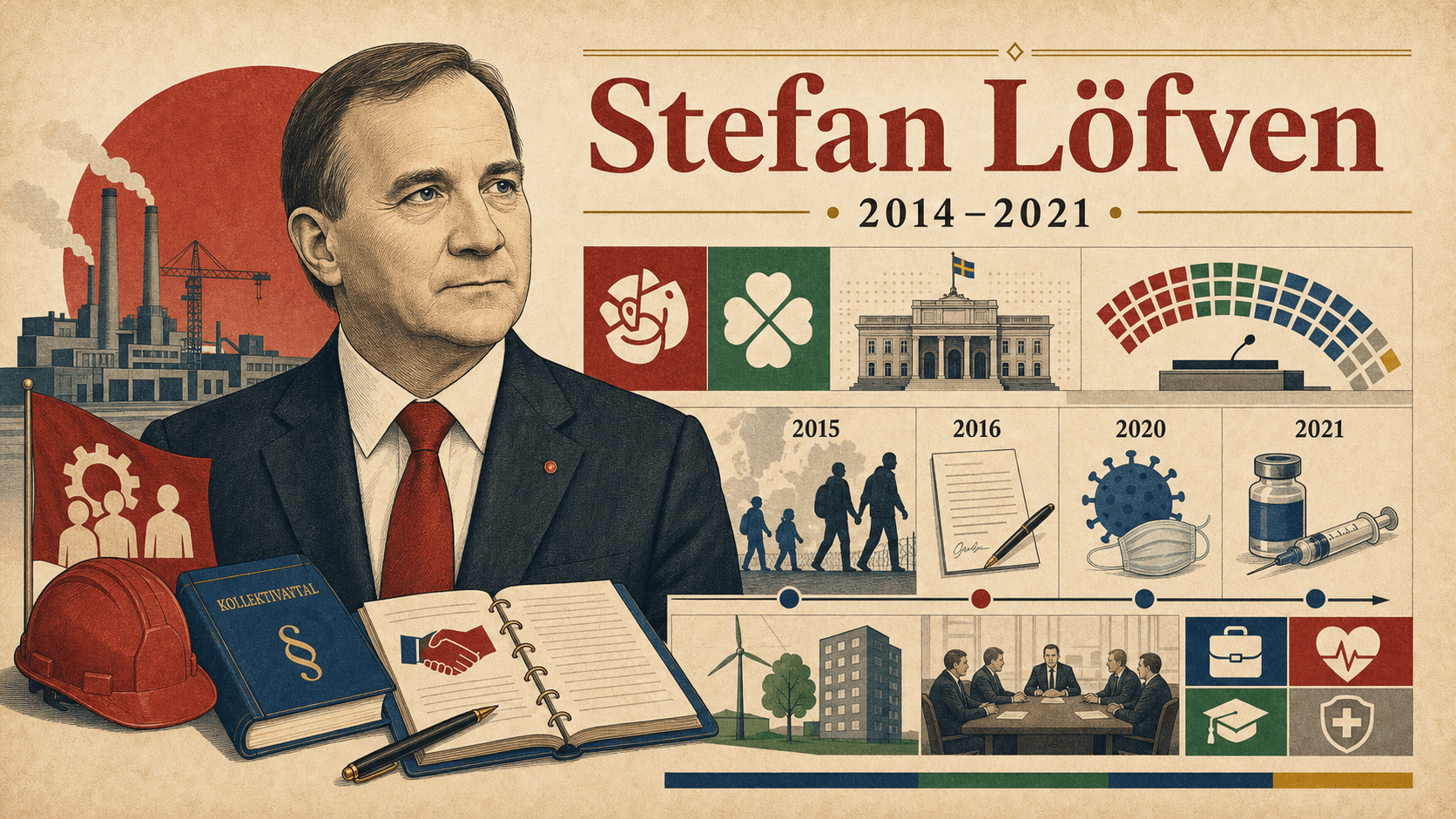 Editorial illustration for prime minister Stefan Löfven.