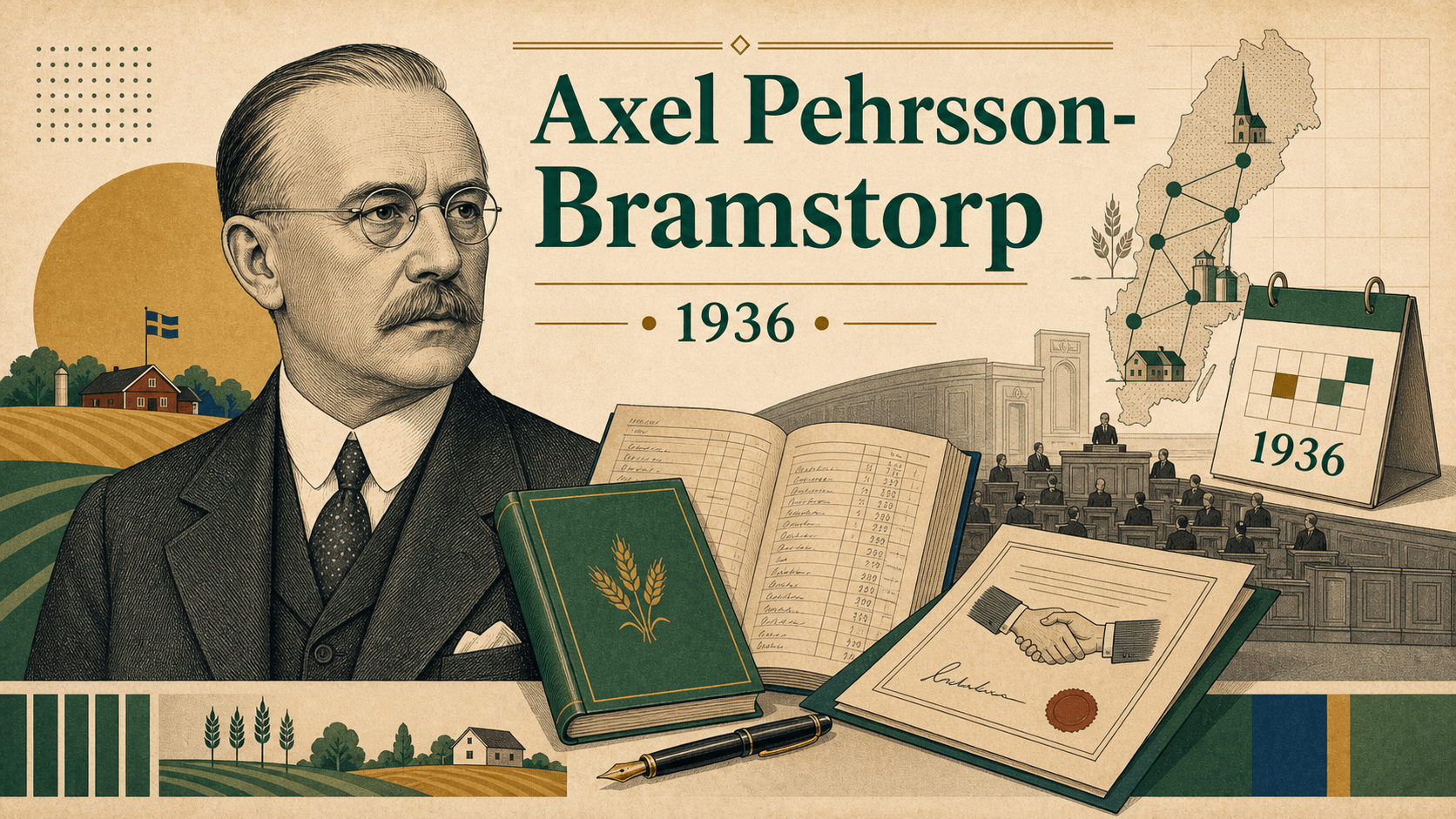 Editorial illustration for prime minister Axel Pehrsson-Bramstorp.