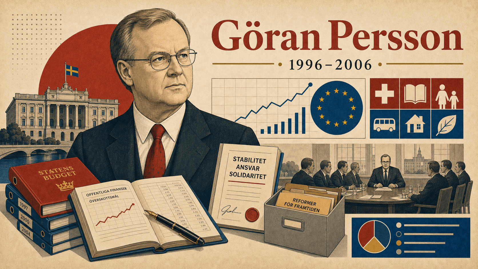 Editorial illustration for prime minister Göran Persson.