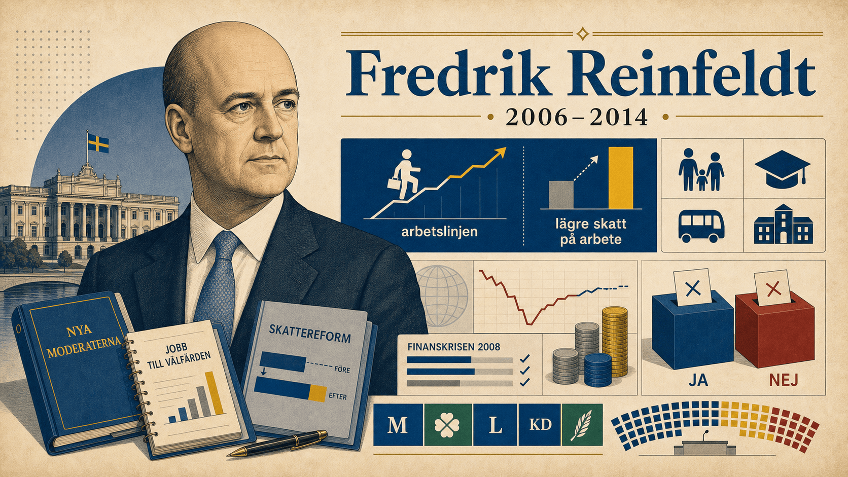 Editorial illustration for prime minister Fredrik Reinfeldt.
